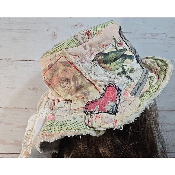 OOAK Magnolia Boho Quilt Top Hat Indie Upcycled Frida Bird Vtg Cat Adjusts L-S - Picture 9 of 14
